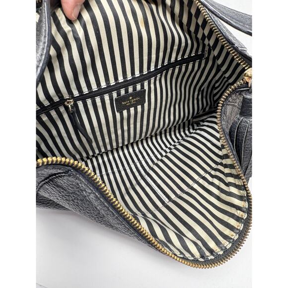 Kate Spade Black Pebbled Large Shoulder Hobo Bag Purse Black Striped Lined READ - Picture 2 of 6